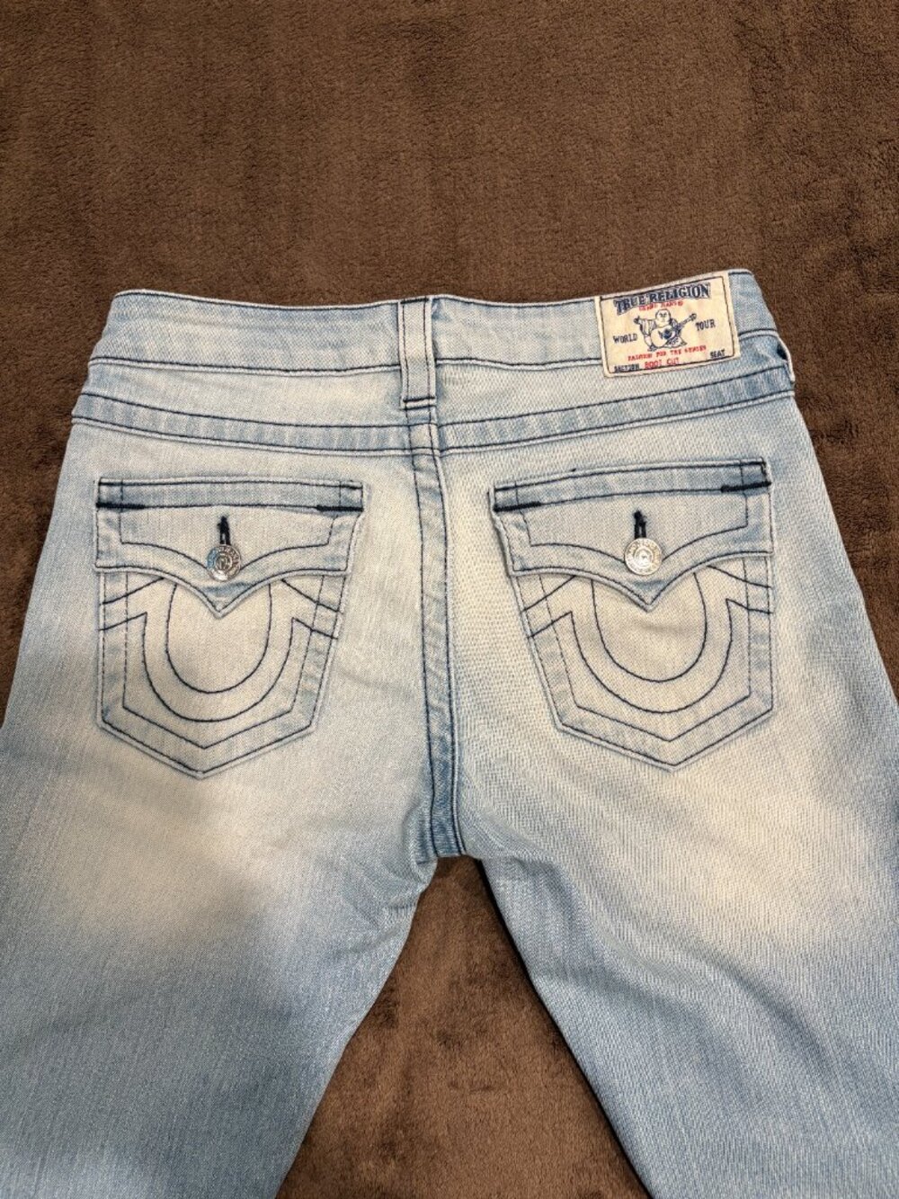 True Religion Section Boot Cut Jeans Light Wash Flap Pocket Sz 27 Low Rise